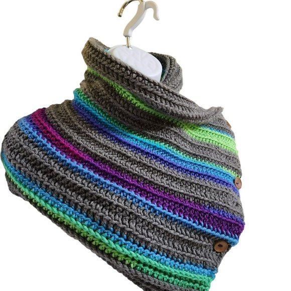 Washable long wide shawl scarf multicolor rainbow handknit wood buttons - Picture 10 of 11